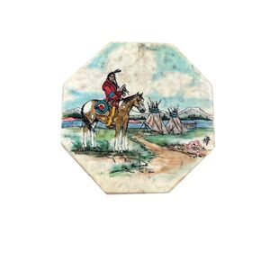 Cimarron Alabaster Native American Horseback Scene Octagon Coaster Signed AB